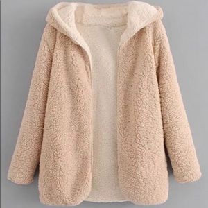Hooded Open Front Lamb Wool Teddy Coat